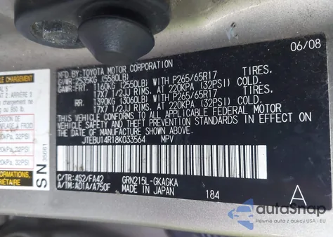 2008 Toyota 4Runner Sr5 V6 z USA, uszkodzony, nr VIN JTEBU14R18K033564